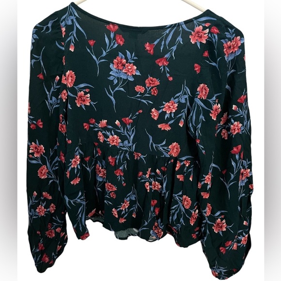 American Eagle Dark Green Long Balloon Sleeve Babydoll V Neck Blouse Small - Picture 6 of 10